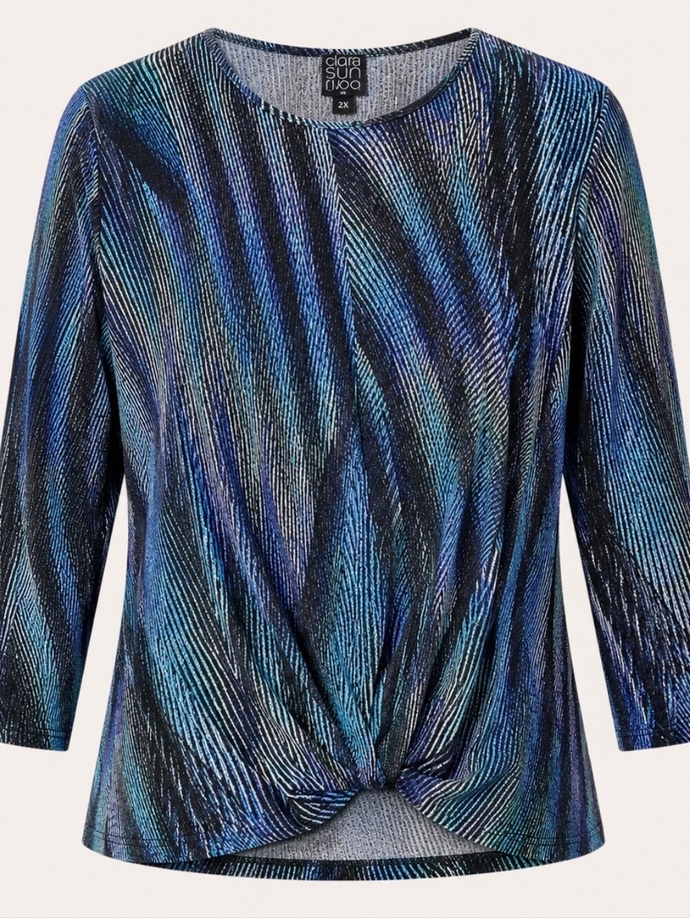 CLARA SUN WOO | Plus Peacock Pinstripe Patterned Top Knotted Front Sweater‎ | 2X